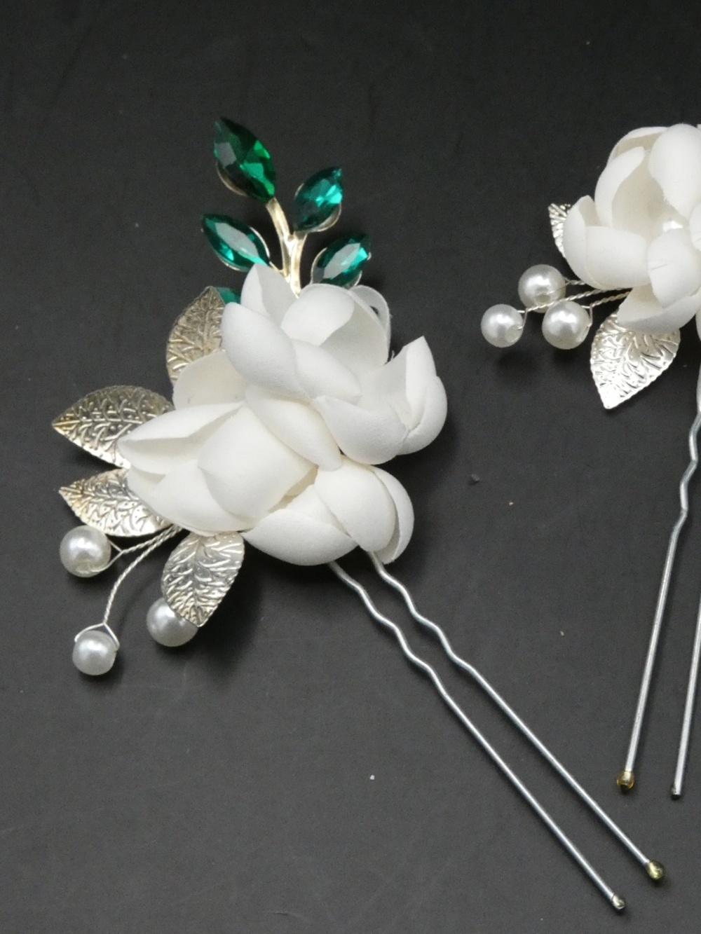 White Floral Hair Pins with Green Crystals